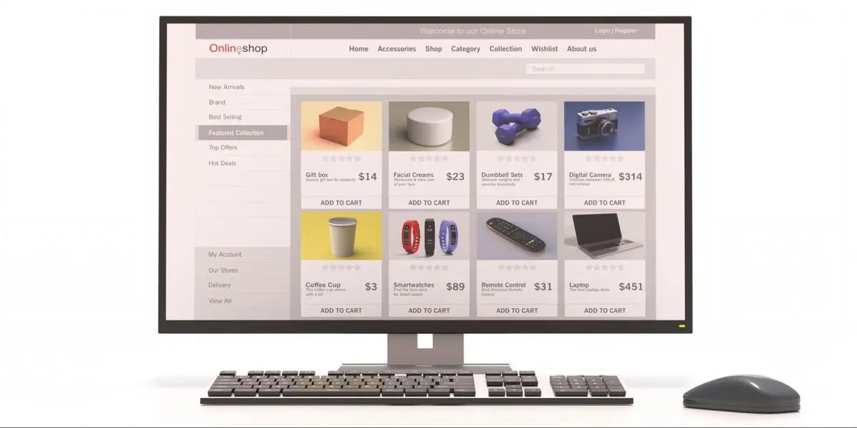 Screenshot of an online shop website design template showing product listings with titles, prices, star ratings, and add-to-cart buttons in a grid layout