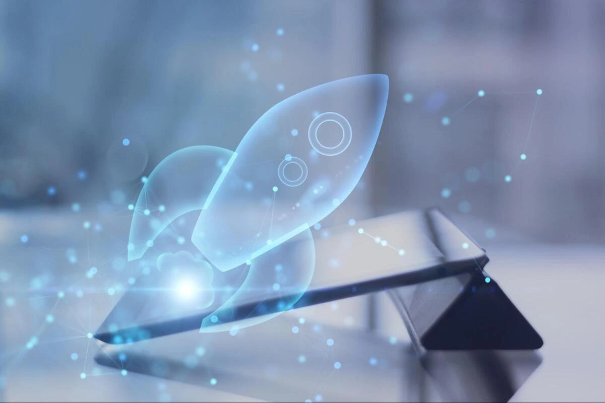 Website Launch Testing and SEO Checklist Digital illustration of a glowing rocket launching, representing website launch and pre-launch testing