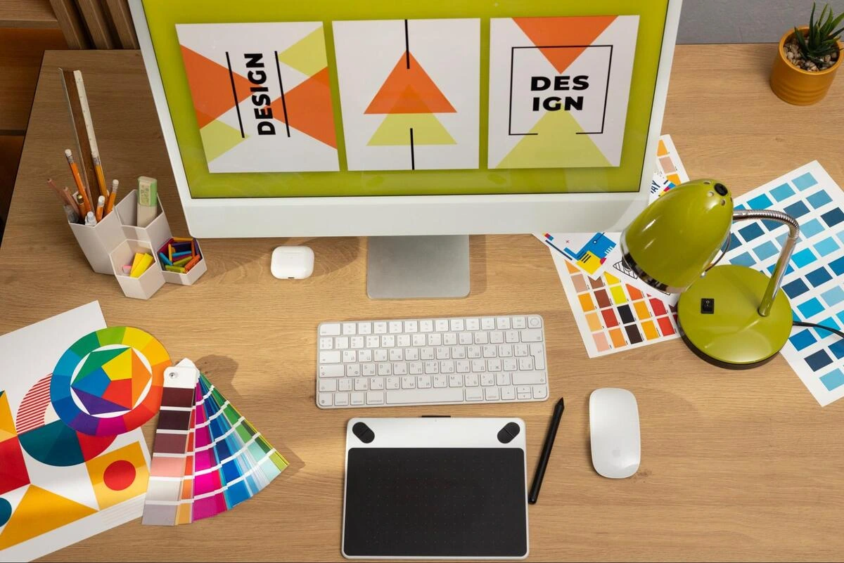 Website Redesign Planning Workspace Designer's workspace with computer screen showing website layout mockups, color swatches, and design tools on a desk