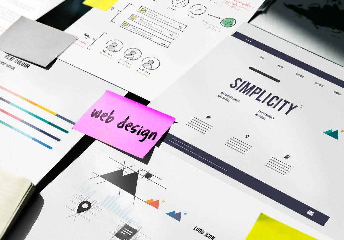 Web design mockups and wireframes spread on a table with a pink "web design" sticky note